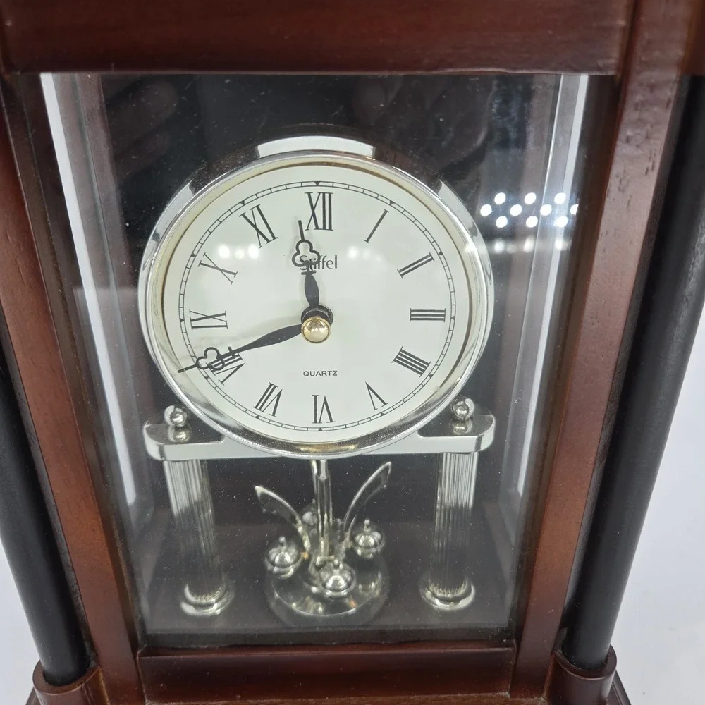 Stiffel Quartz Mantel Clock Rotating Pendulum Wood Glass Case Working Vintage
